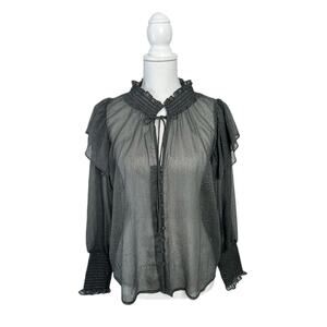 Zara Gray Semi Sheer Sparkly Metallic Dot Long Sleeve Collar Pullover Top Size M